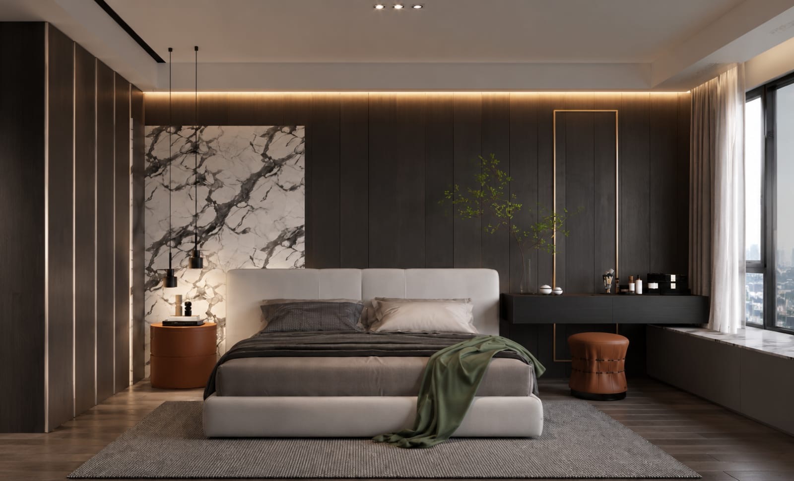 3D render concept: living room with sliding partition into dining area