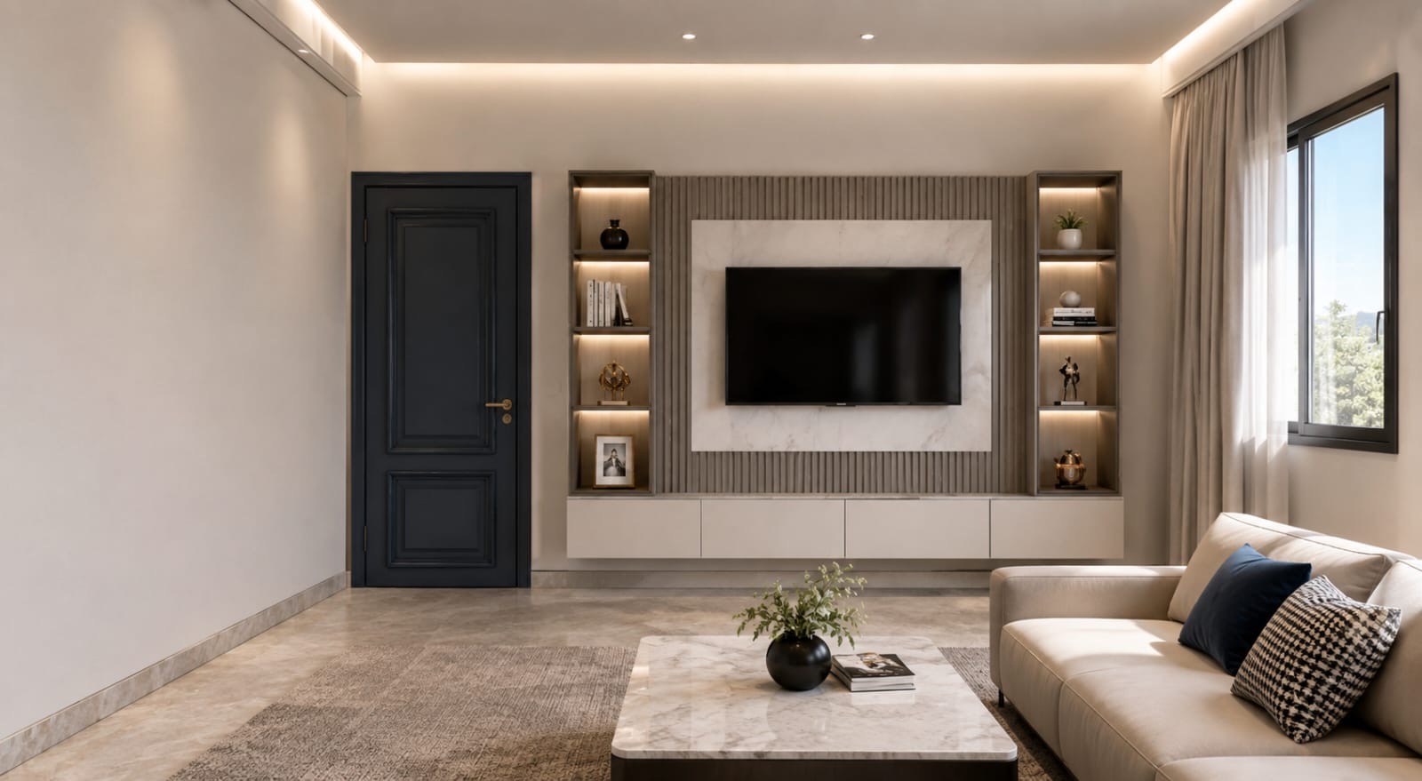 3D render concept: TV unit wall with marble panel and ambient lighting